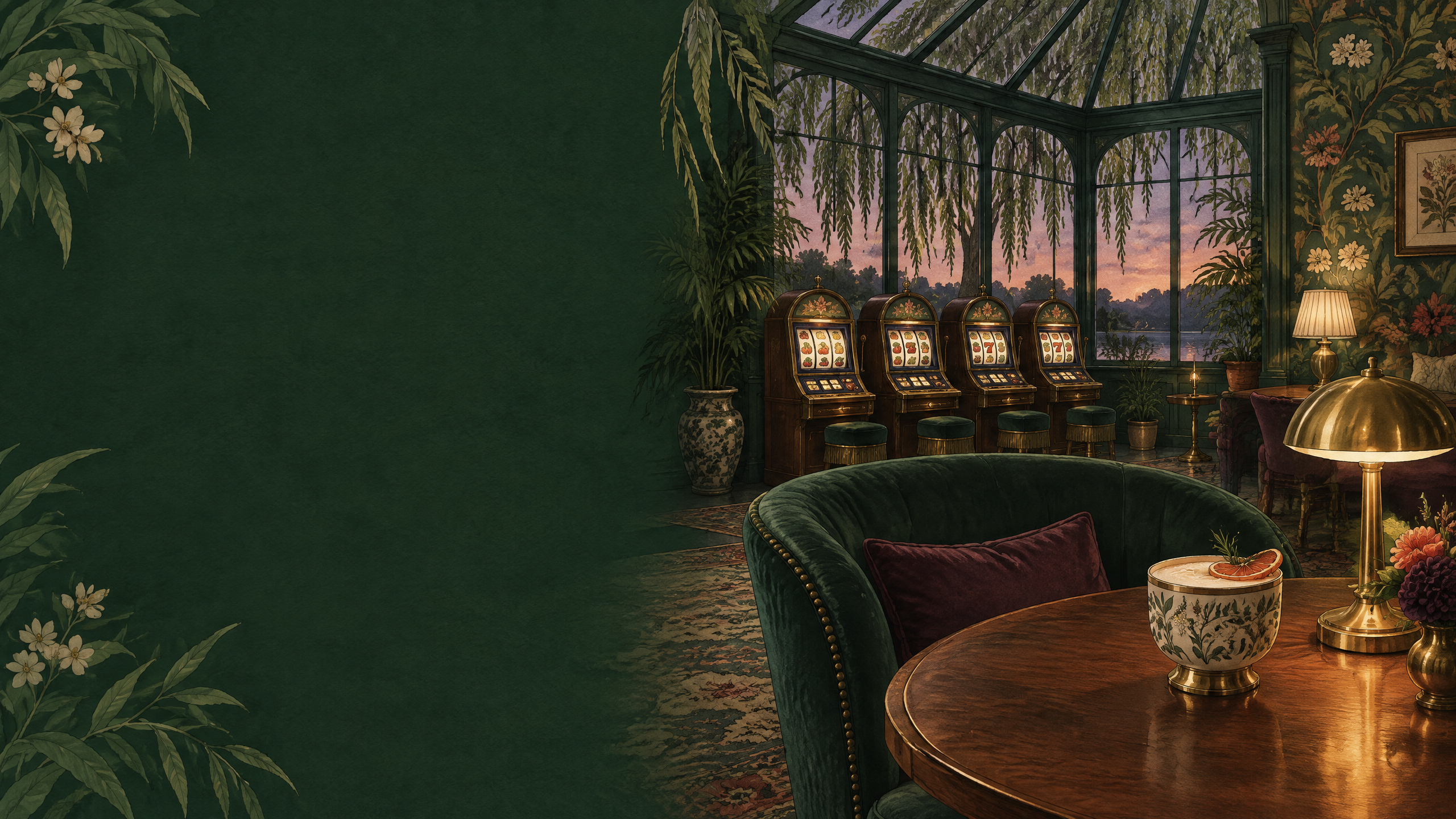 An evening conservatory lounge with four softly lit vintage slot cabinets